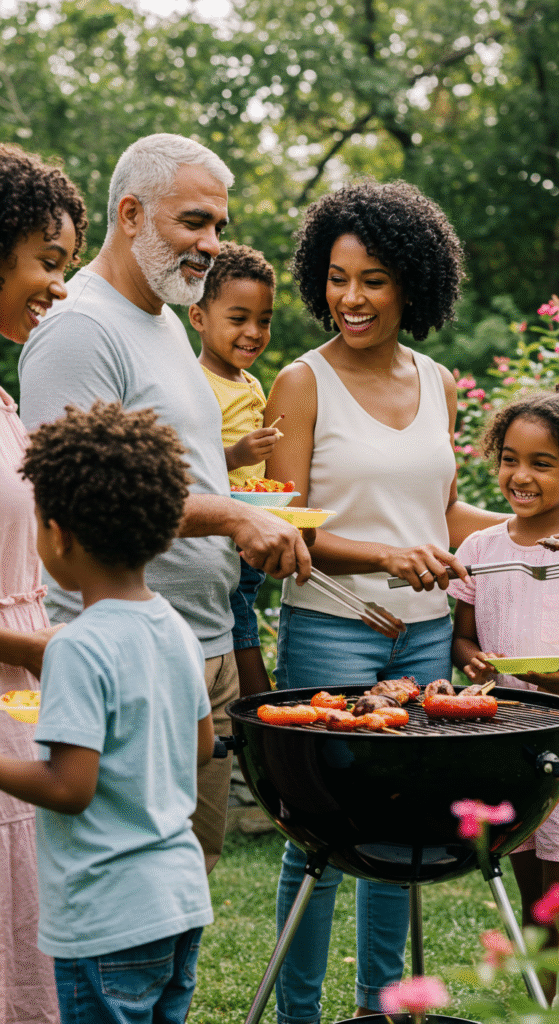 Happy blended family enjoying outdoor activities together, depicting respect and harmony among family members.