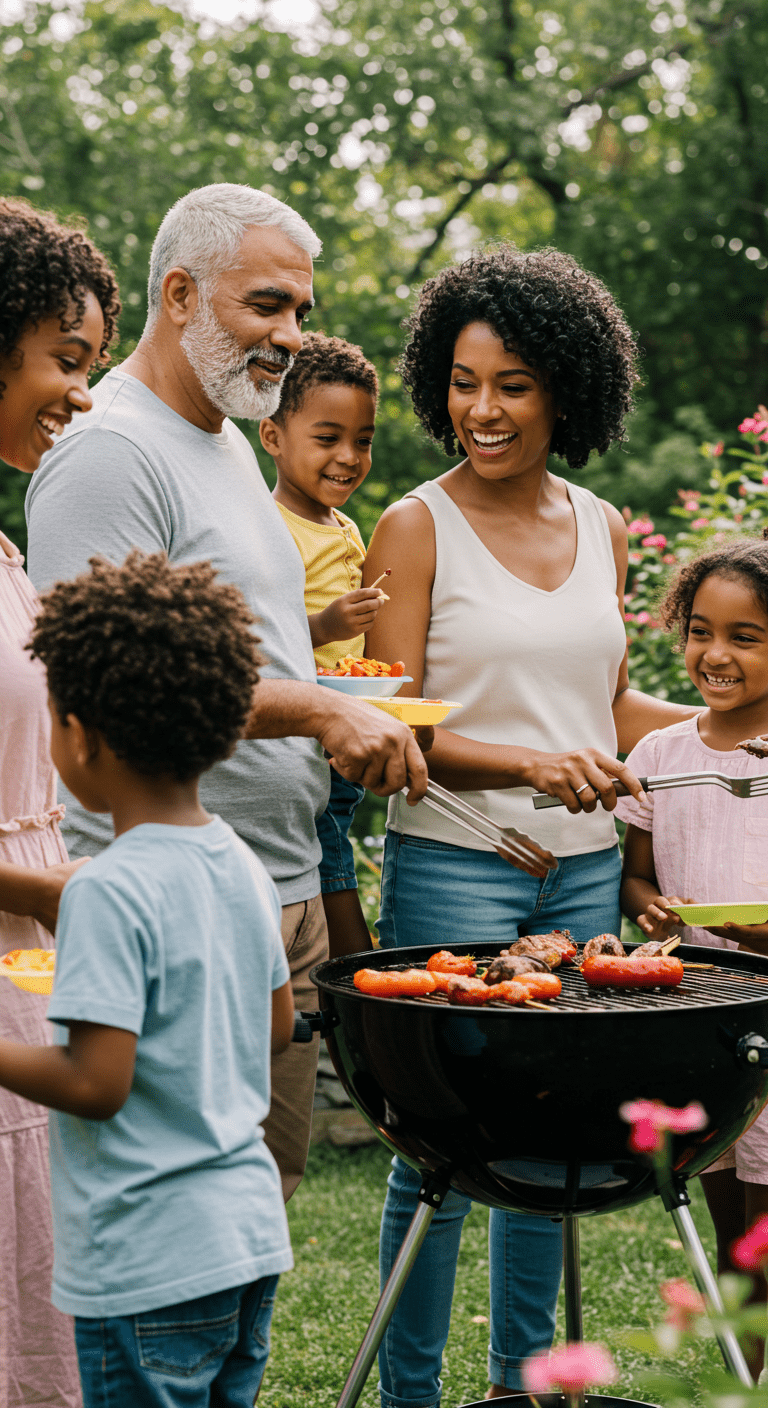 Happy blended family enjoying outdoor activities together, depicting respect and harmony among family members.