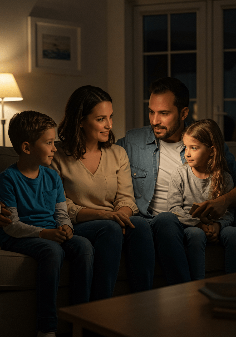 Parents talking openly with their children in a cozy living room setting to build respect and trust.