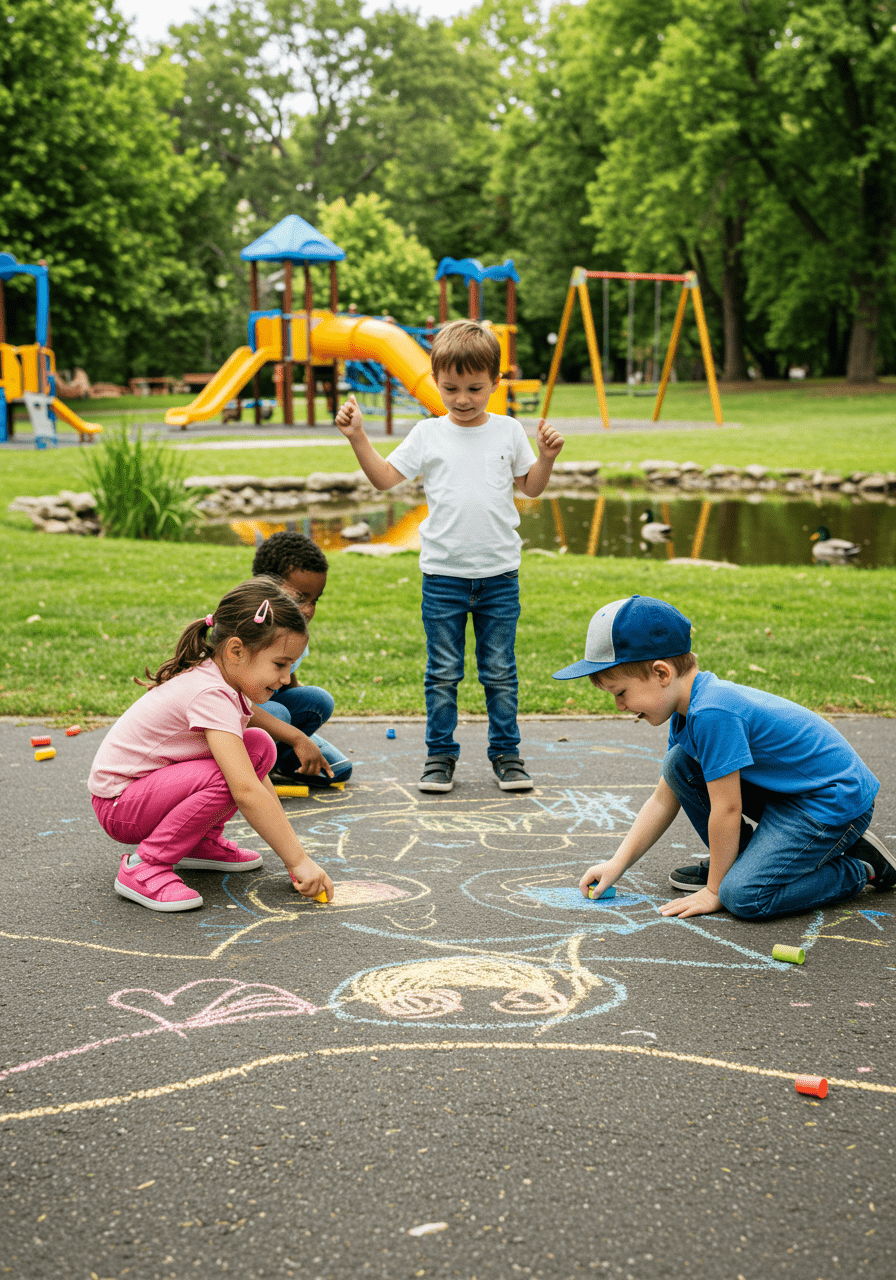Mixed group of children playing together in a park, emphasizing diversity and teamwork in a blended family.