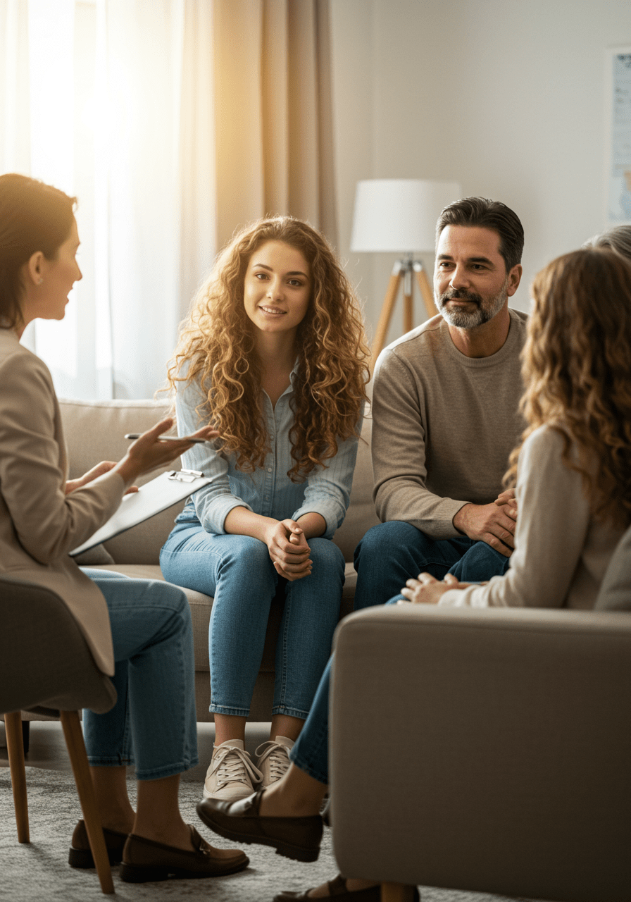 Professional family counseling session with a blended family discussing their dynamics and building respect.
