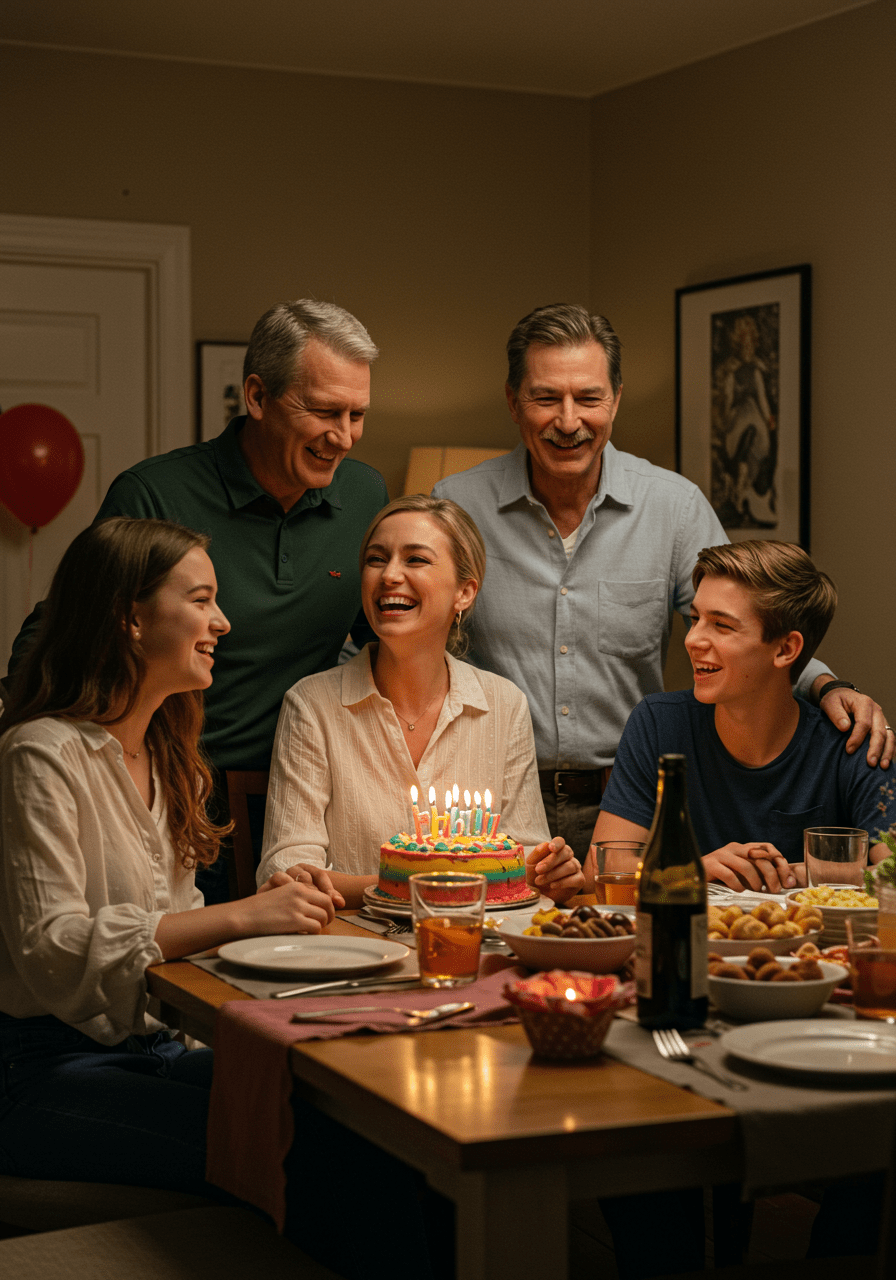 Blended family celebrating together at home, illustrating love, respect, and harmony.