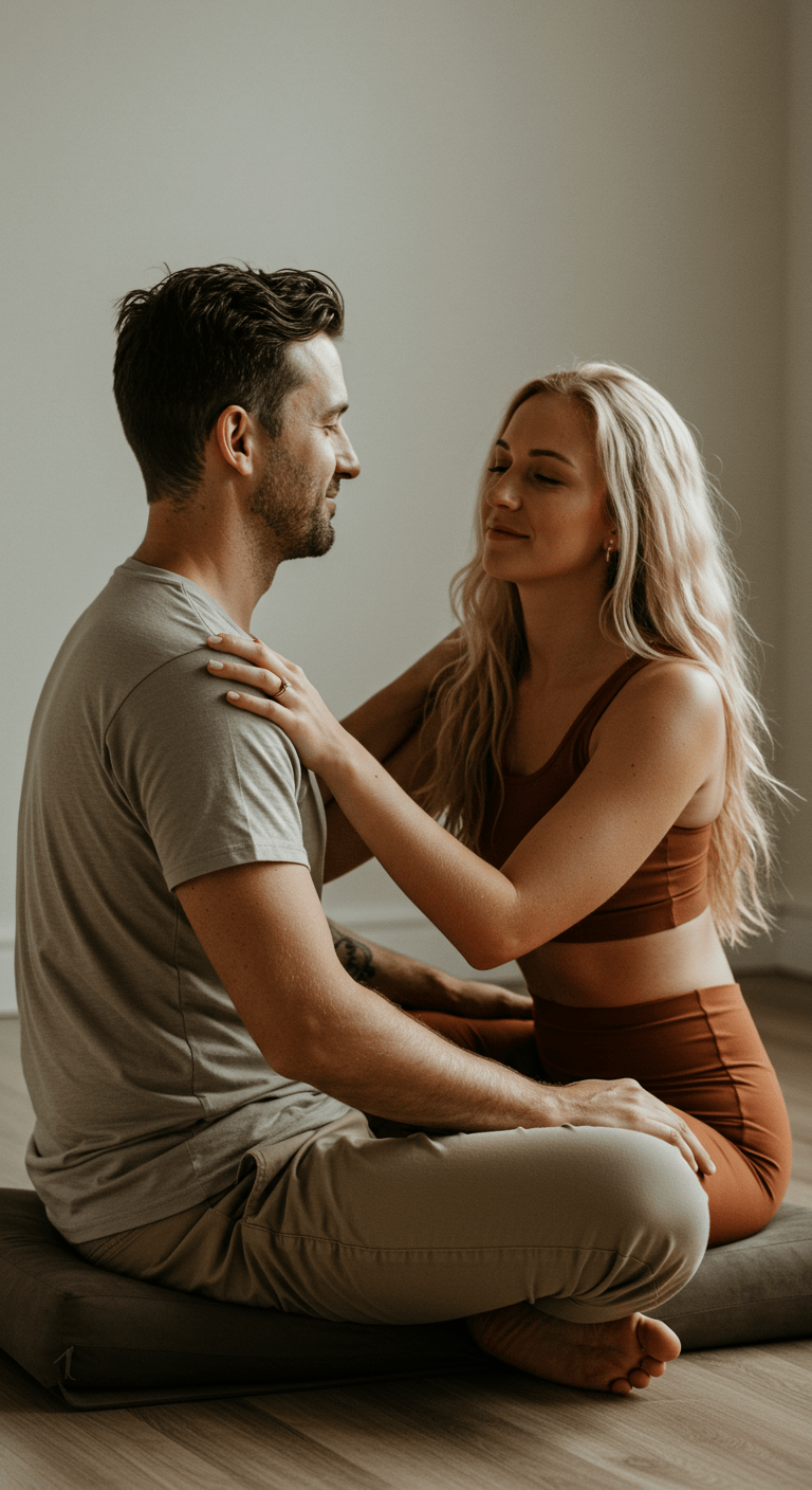 Pair practicing meditation together to foster intimacy and break free from routine