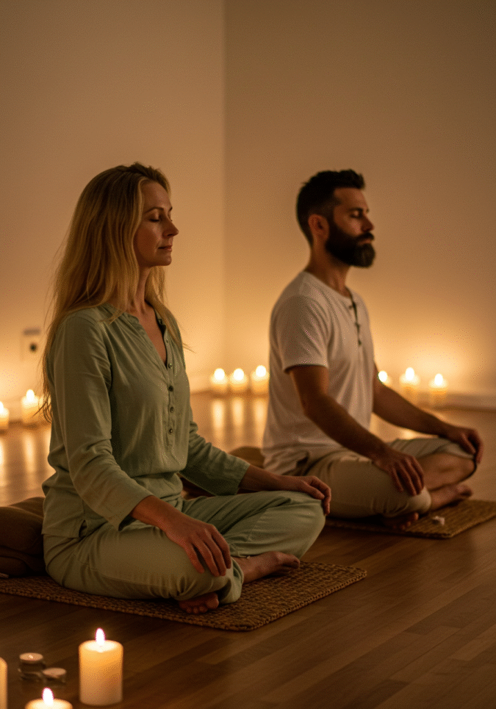 Couple meditating together in a tranquil environment to deepen their connection through Tantra