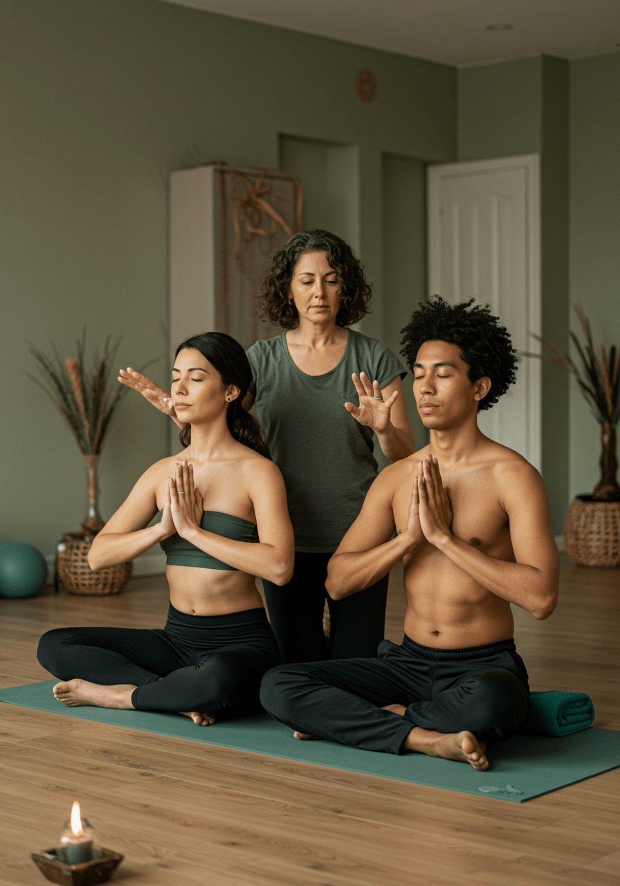 Tantra instructor demonstrating breathing techniques to a beginner couple for deep connection