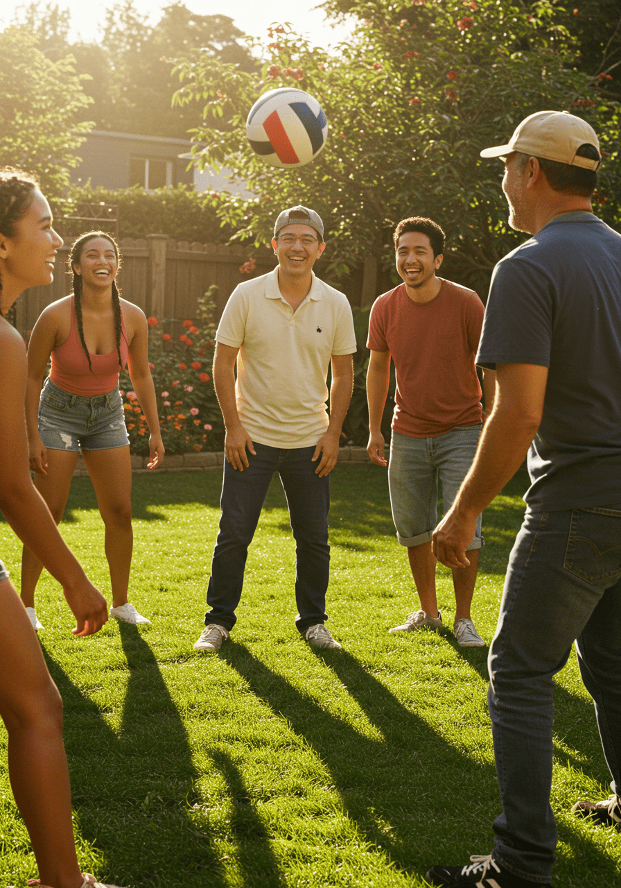 Group of friends or couple playing outdoor games in a sunny backyard, fostering relationship growth