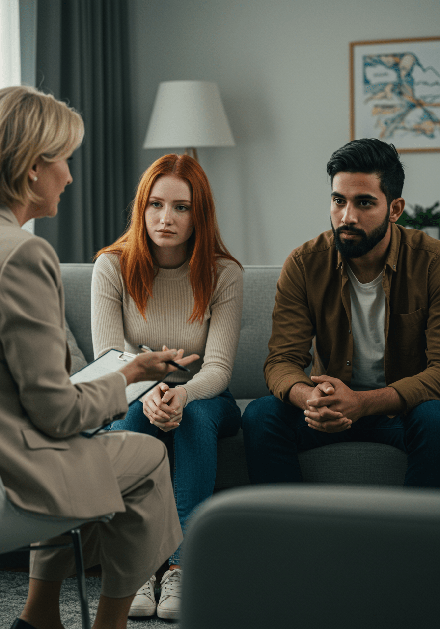 Therapist talking with a couple in a counseling session, emphasizing the impact of cultural taboos on relationship dynamics.