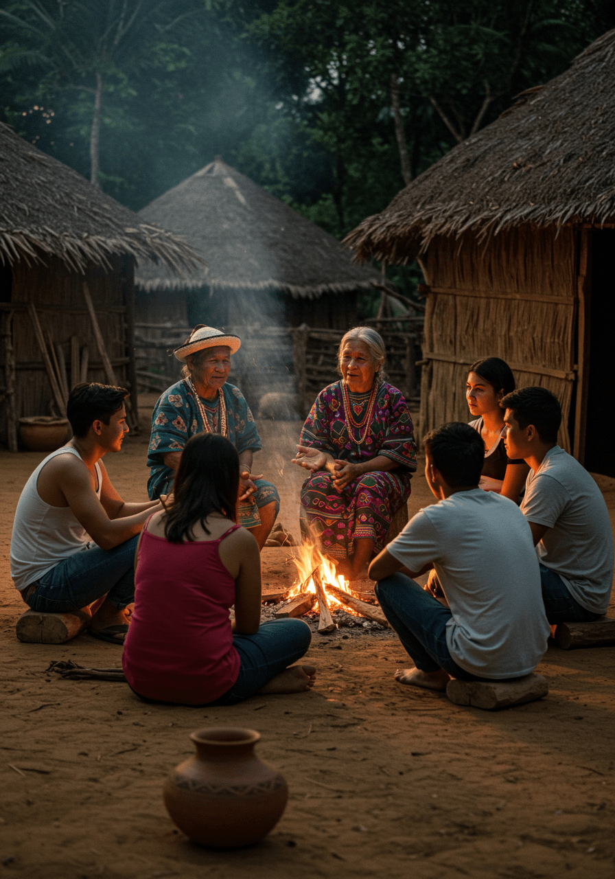 Elders and young adults engaging in a cultural discussion about social norms and sex taboos within their community.