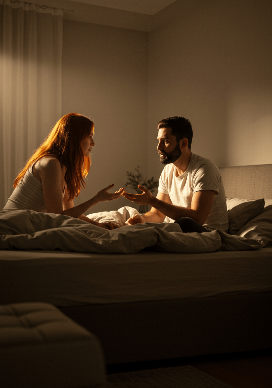 Couple having a candid and respectful conversation about intimacy and boundaries in a contemporary bedroom setting.
