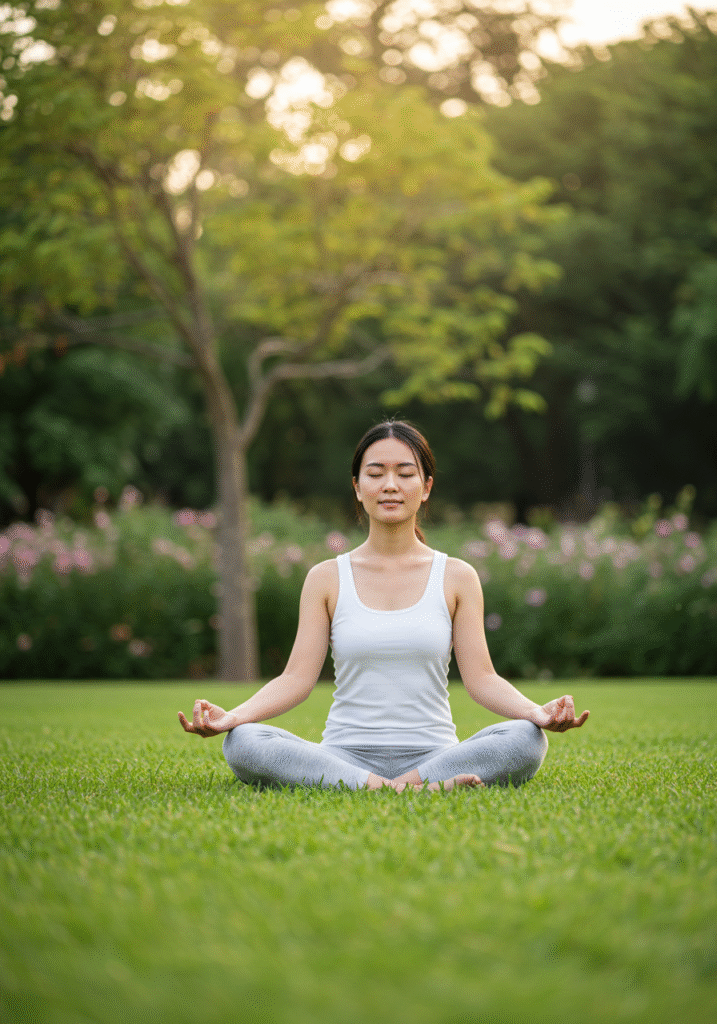 A woman meditating peacefully outdoors, representing healing after emotional pain
