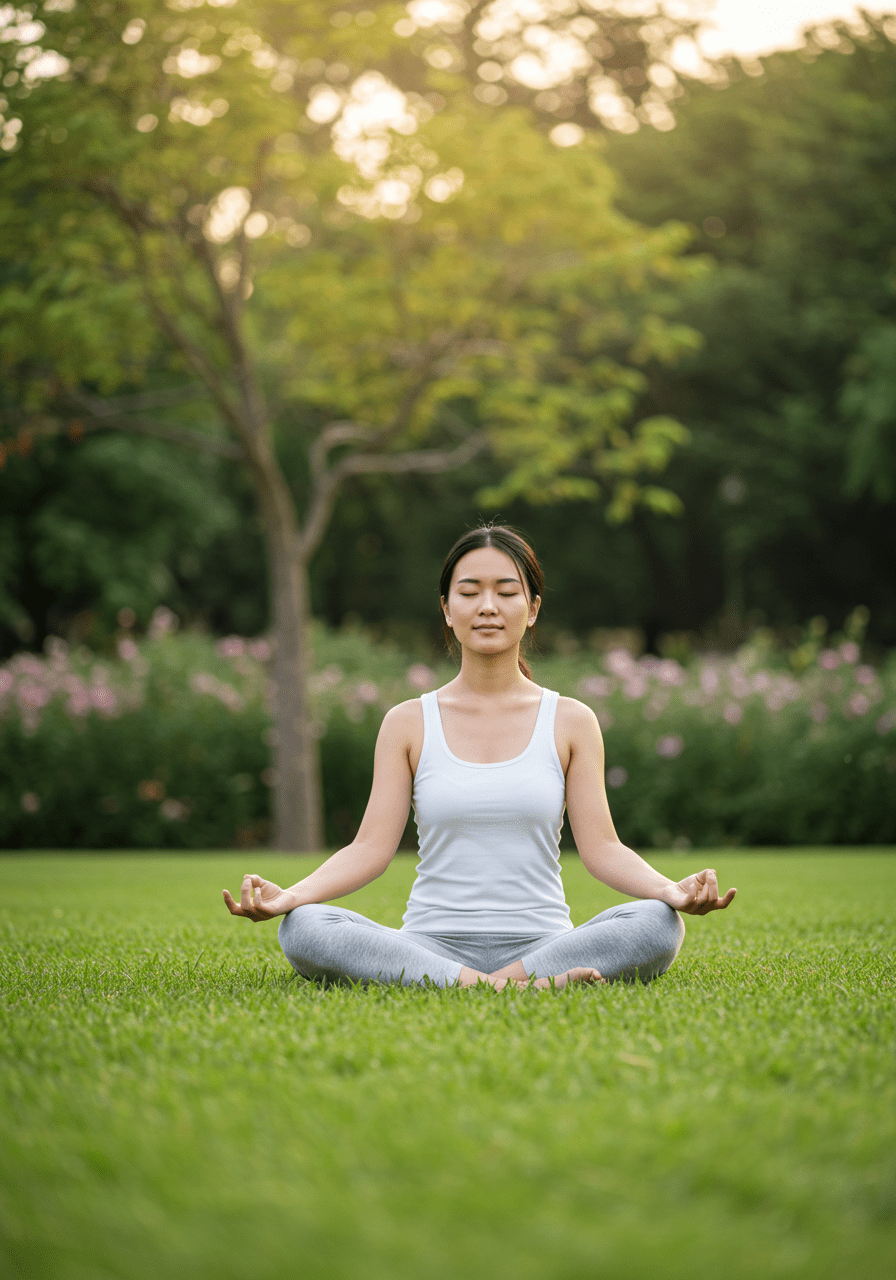A woman meditating peacefully outdoors, representing healing after emotional pain
