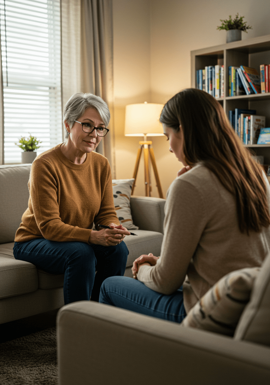 A woman speaking with a therapist in a comfortable therapy room, focusing on emotional healing after trauma