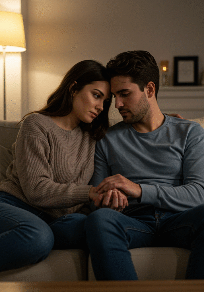 Couple discussing feelings comfortably at home, showing healthy communication after a setback in their relationship