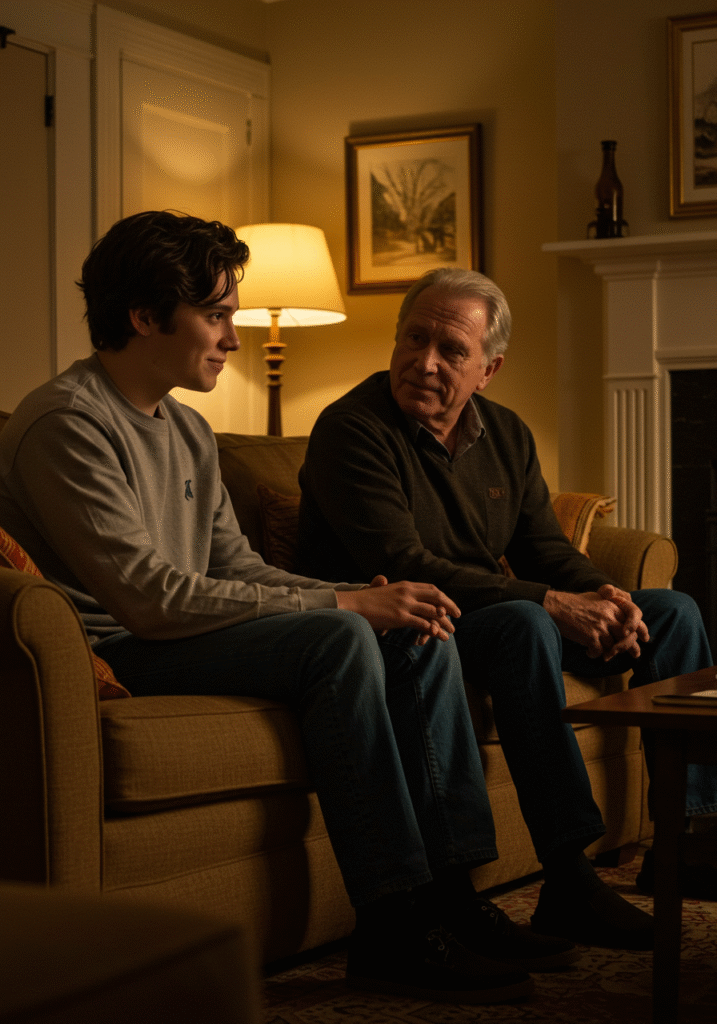 Adult child and parent engaging in a warm, honest conversation at home