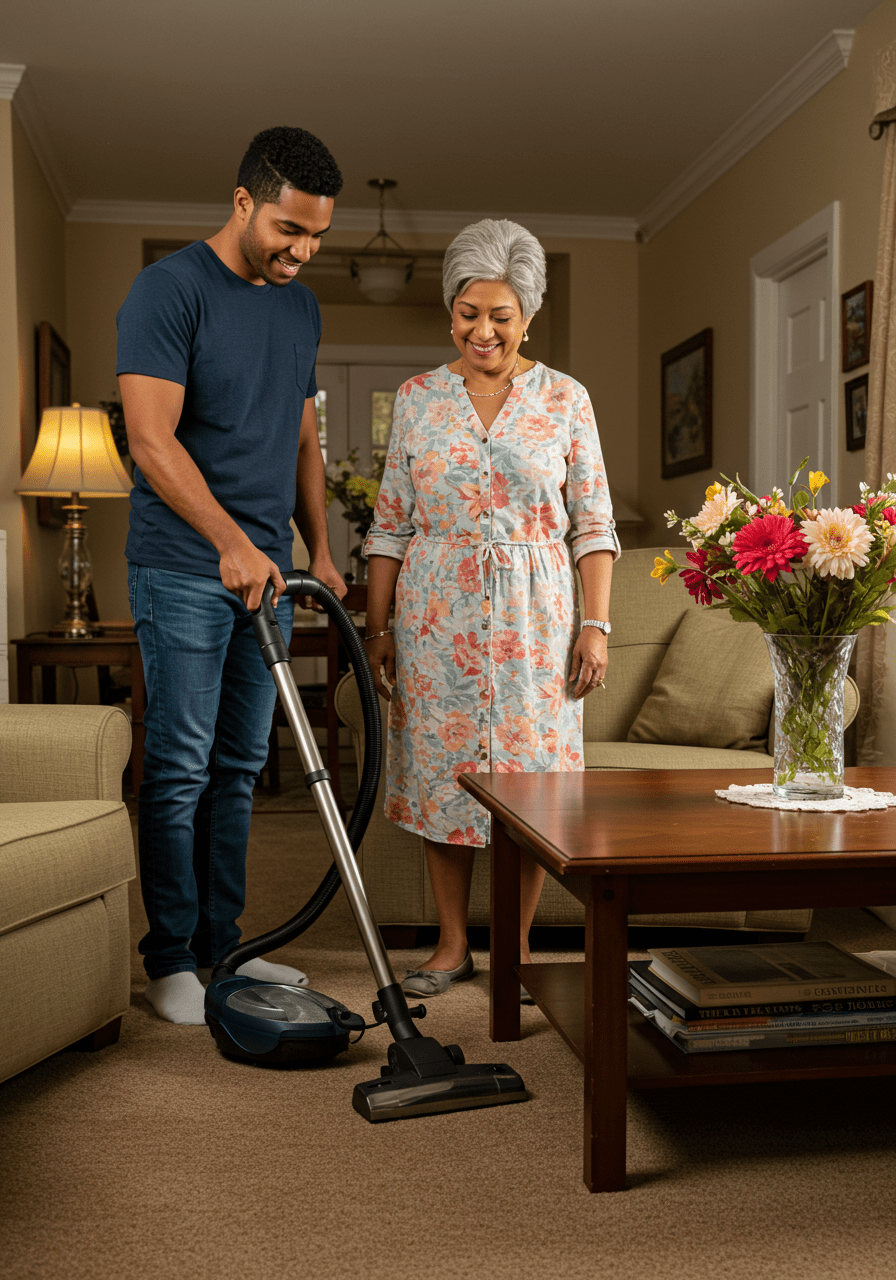 Adult supporting parent with chores at home, emphasizing care and support