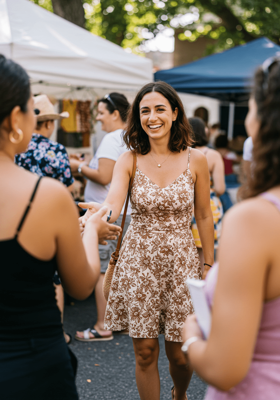 A woman in her 30s shaking hands and making new friends at a social event