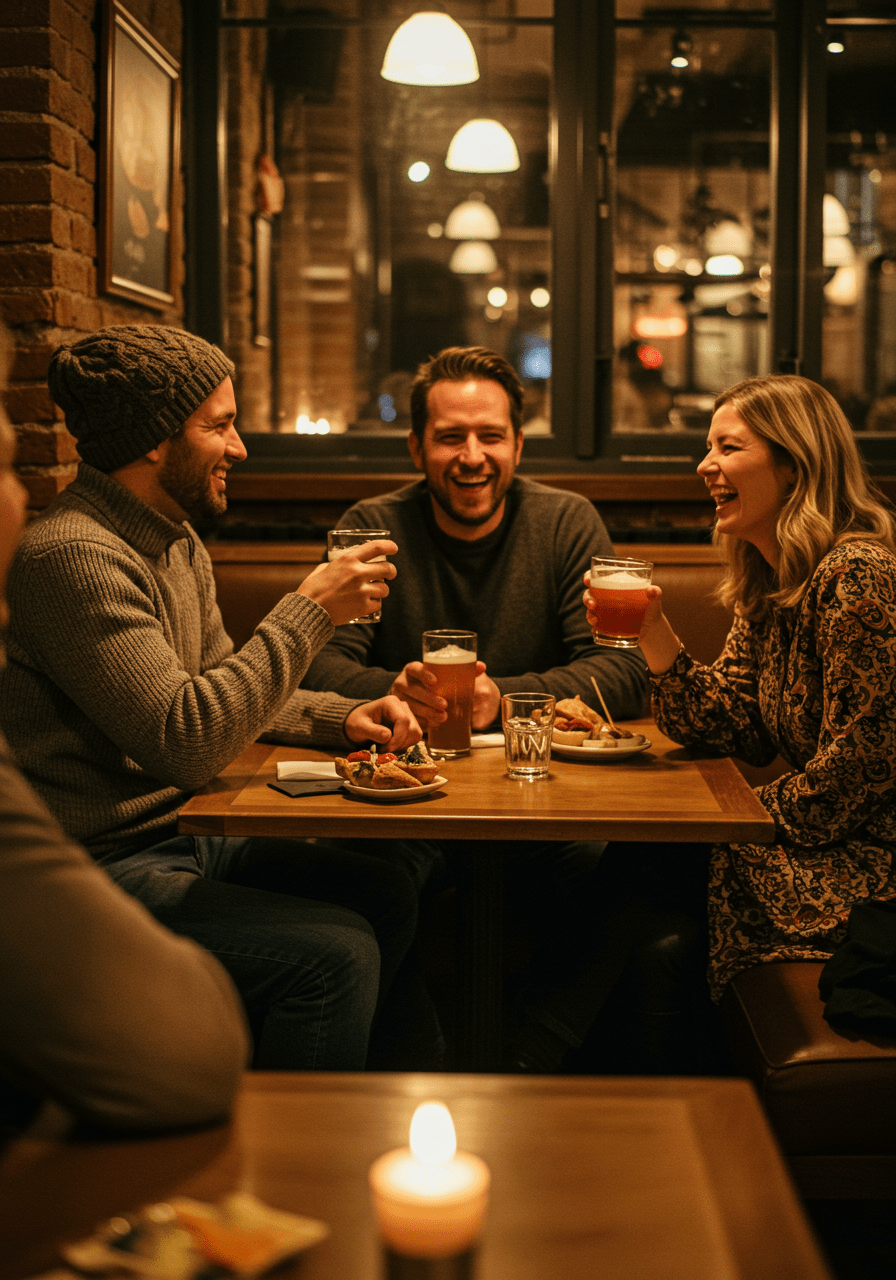 Friends in their 30s enjoying coffee and laughter together at a cafe