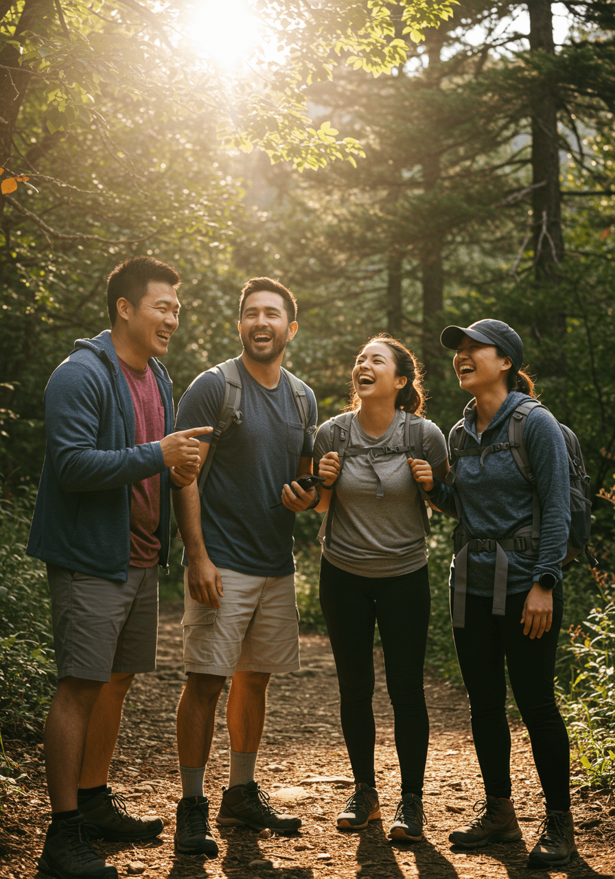 Friends in their 30s hiking together on a trail, enjoying nature and friendship