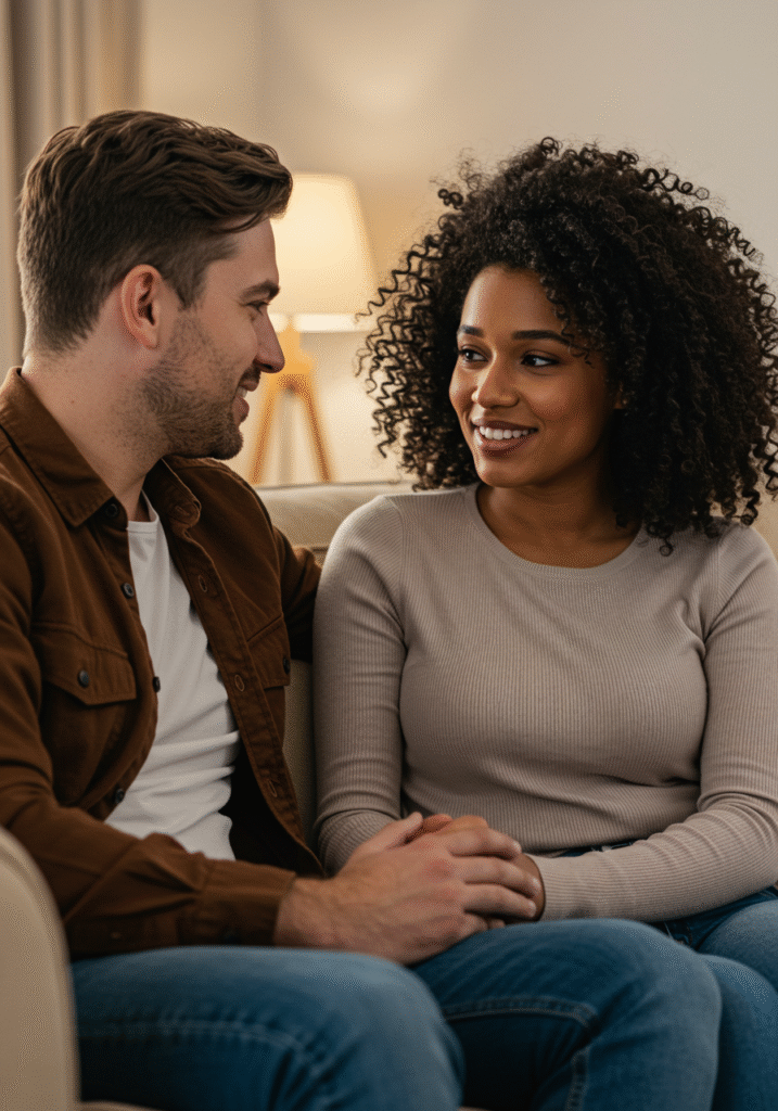 Couple having an honest discussion about their mismatched sexual needs in marriage, showing emotional connection and understanding.
