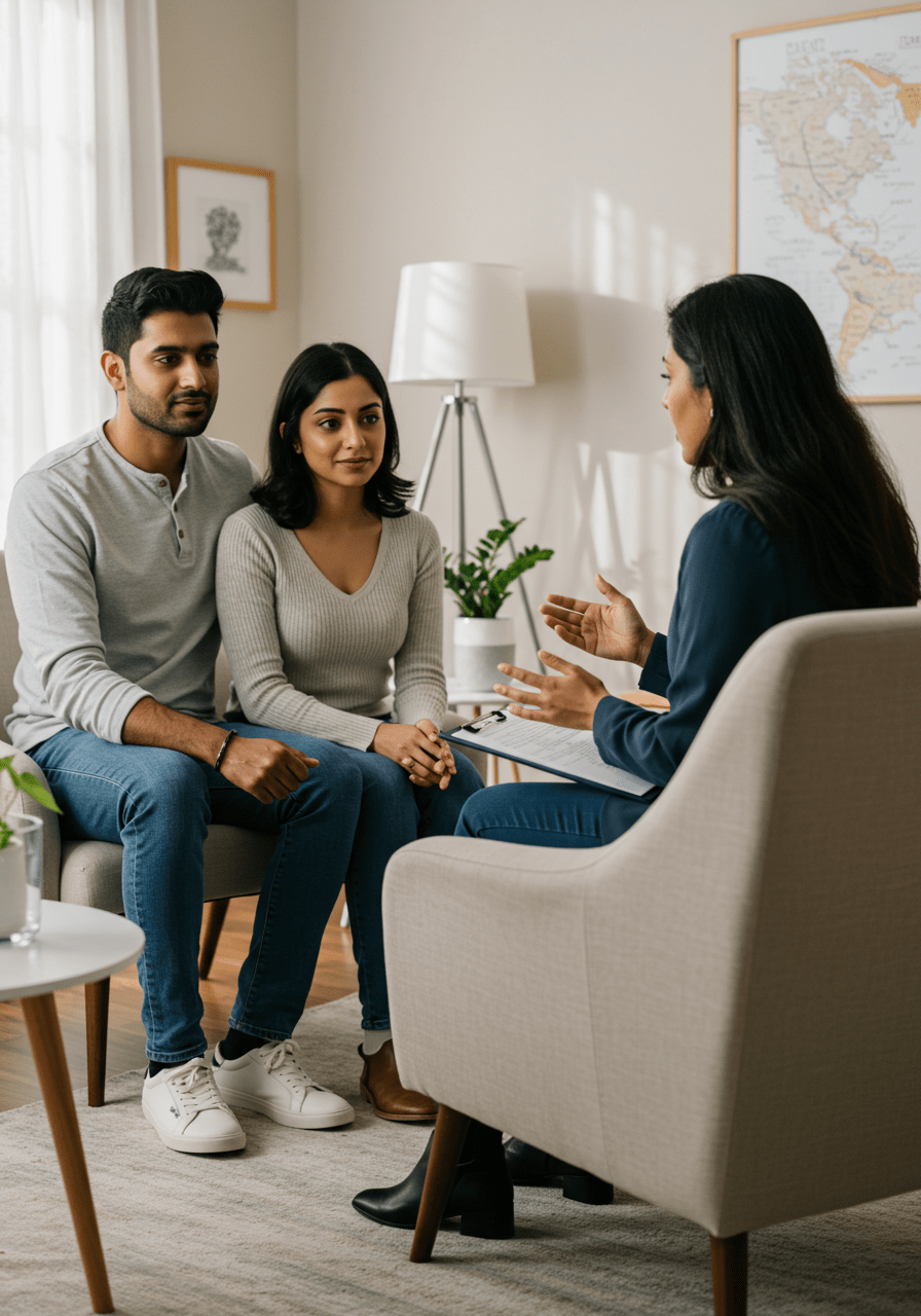 Marriage counselor providing advice to a couple experiencing differences in their sexual needs, with a supportive and caring demeanor.