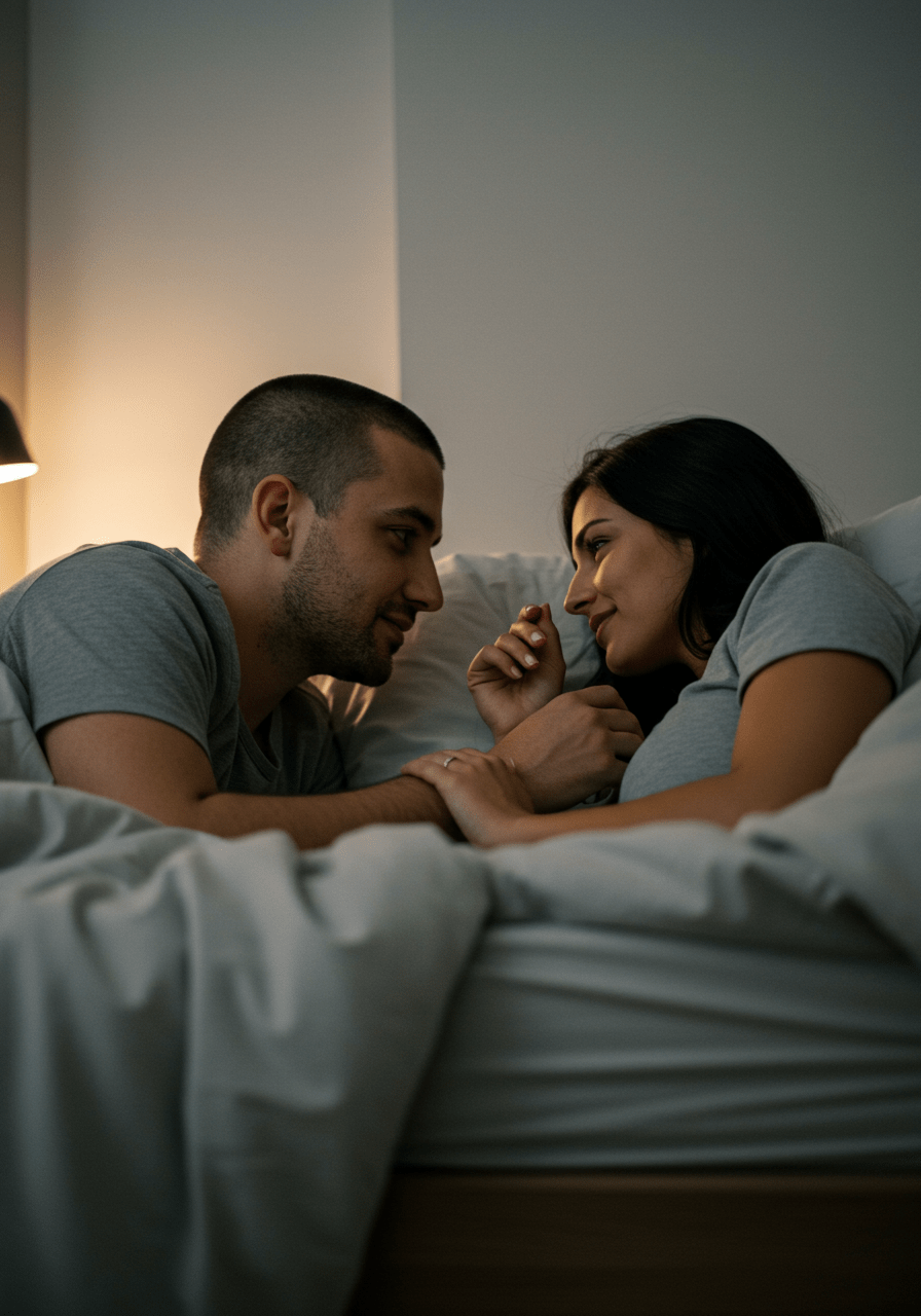 Warm and inviting bedroom setting with a couple discussing their sexual needs, highlighting communication and understanding.