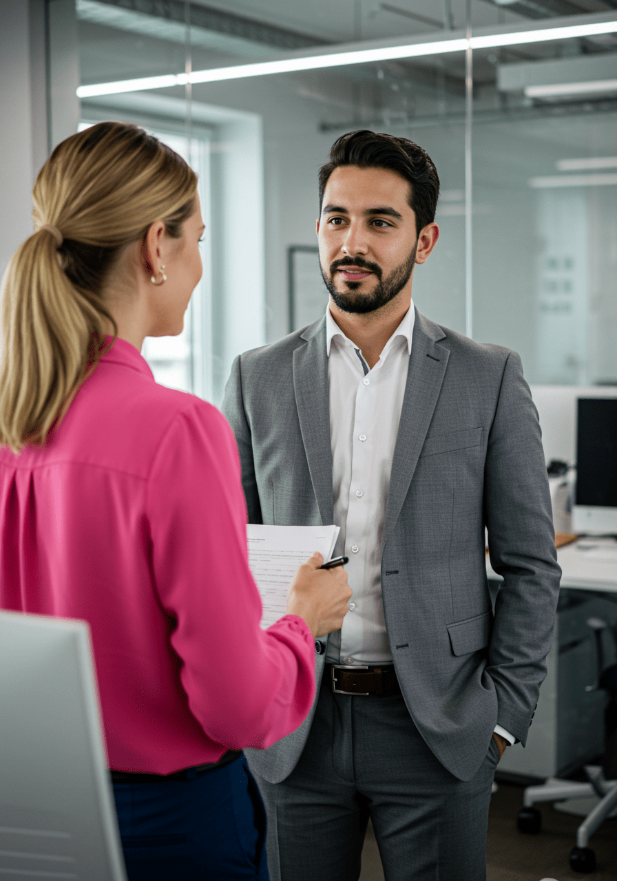 An employee confidently communicating with a colleague in an open-plan office, demonstrating honesty and professionalism.