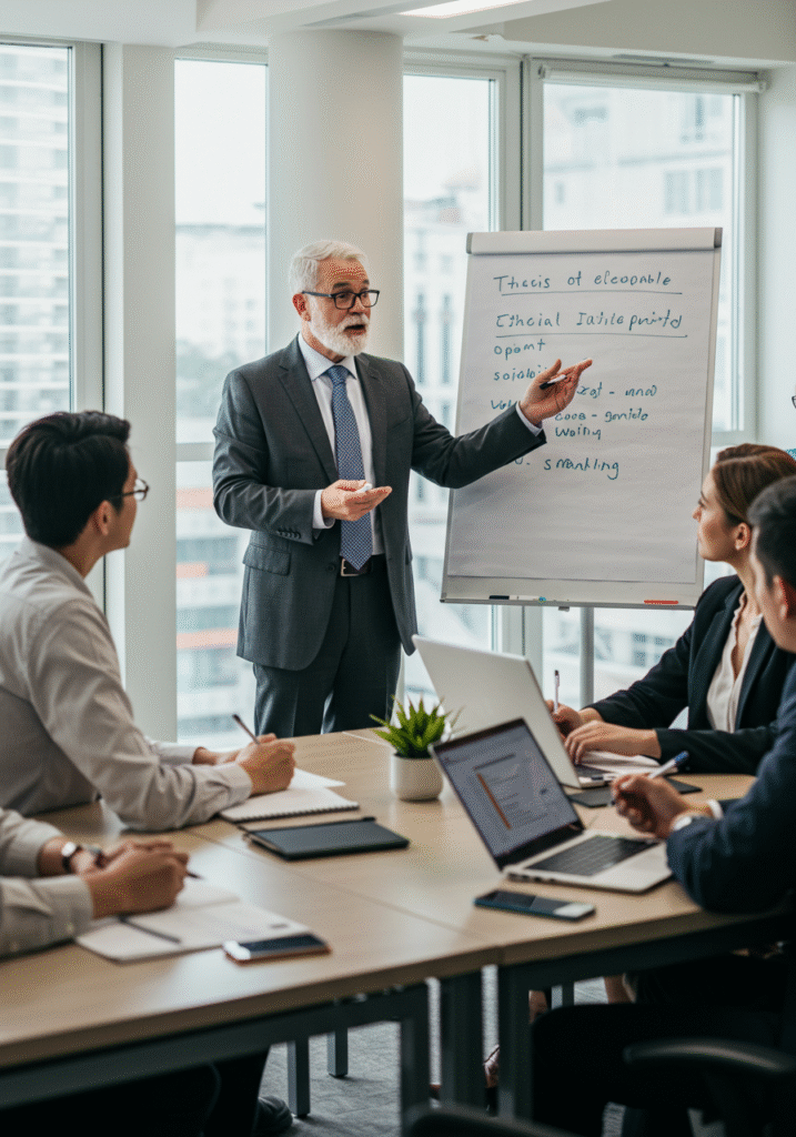 A trainer conducting a session on workplace ethics and integrity for employees in a bright, modern office conference room.