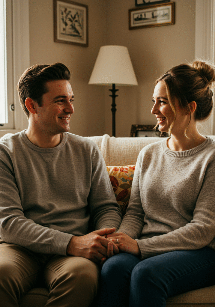 Couple smiling and holding hands in a warm living room setting, symbolizing rekindled love in a long-term relationship
