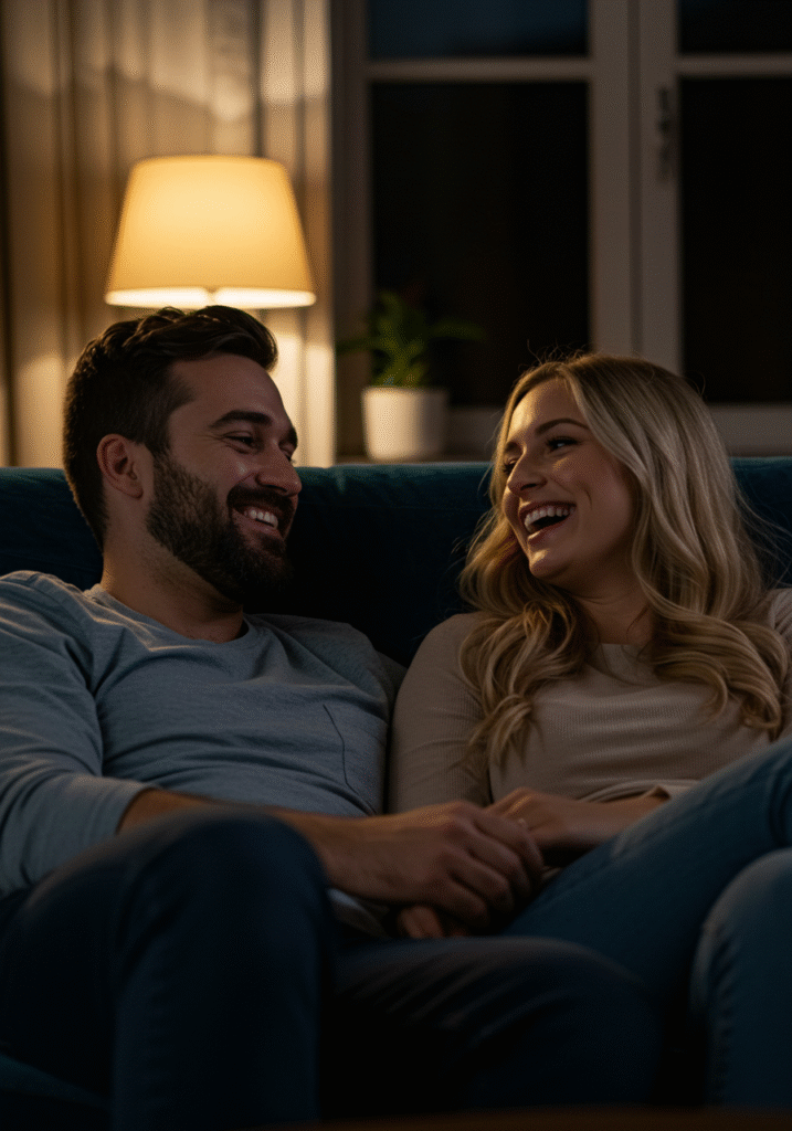 A couple comfortably discussing sex and intimacy at home with open body language