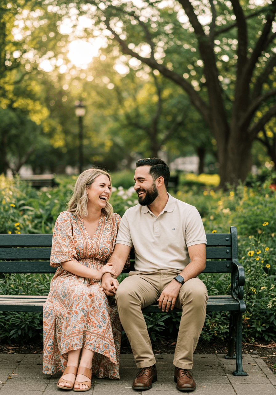 Happy couple sharing a lighthearted and open conversation about sex in a peaceful outdoor setting