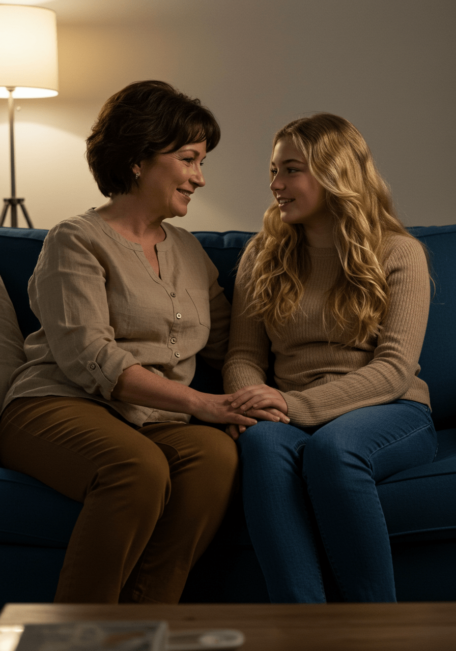 Mother and daughter having an open emotional chat on the couch, fostering understanding and connection.