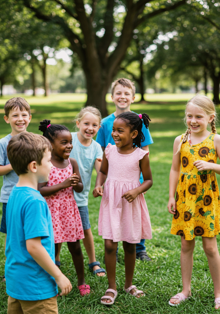 Children outdoors playing and sharing emotions, demonstrating emotional expression among friends.