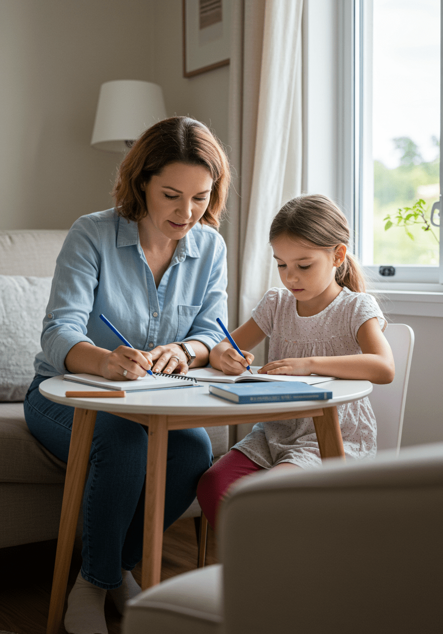 Parent and child engaging in emotion journaling together to promote emotional awareness and communication.