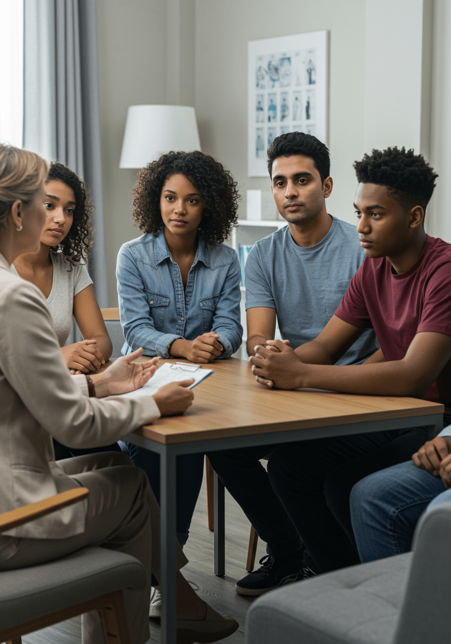 Therapist and family in a session, depicting healing and breaking intergenerational trauma cycles.