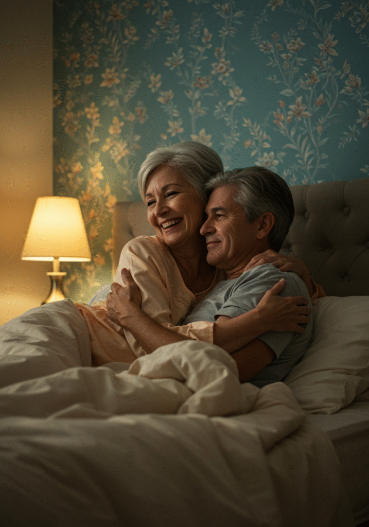 Happy middle-aged woman with her partner in a bedroom, representing intimacy during menopause.