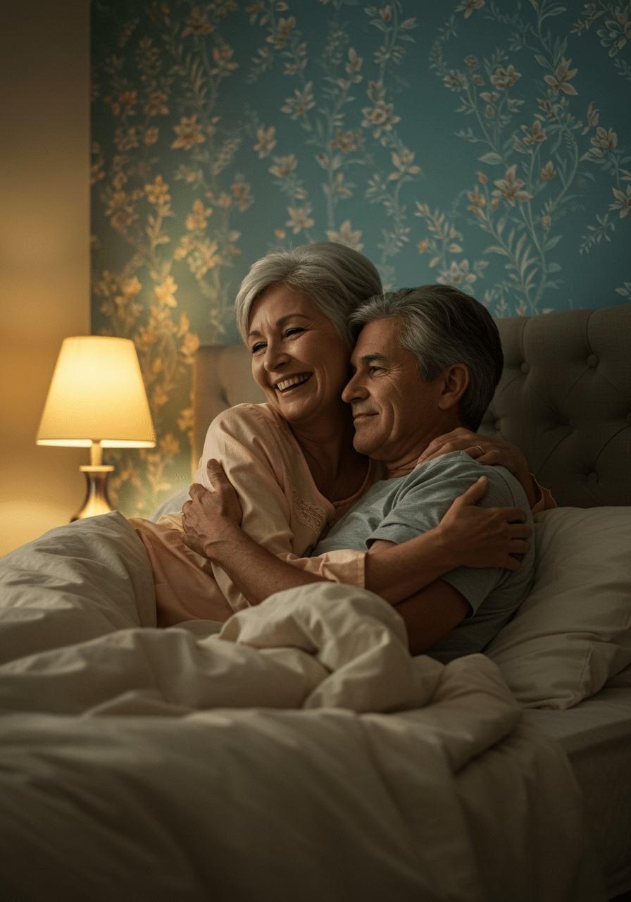 Happy middle-aged woman with her partner in a bedroom, representing intimacy during menopause.