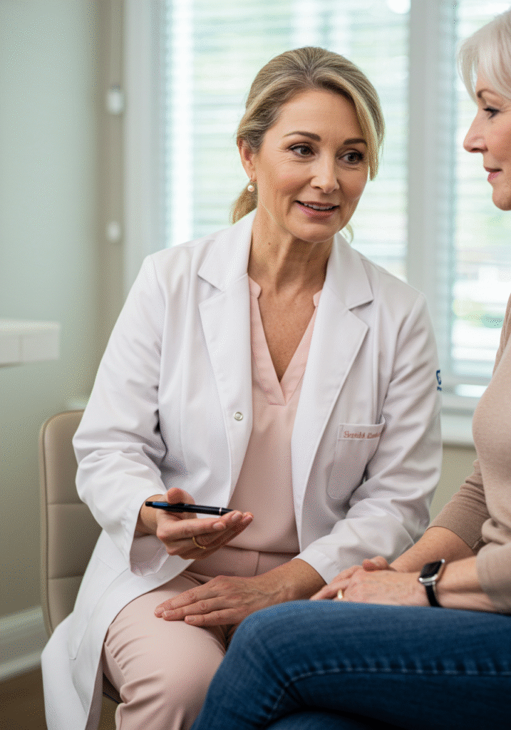 Doctor talking to a woman about menopause and sexual health in a clinical setting.