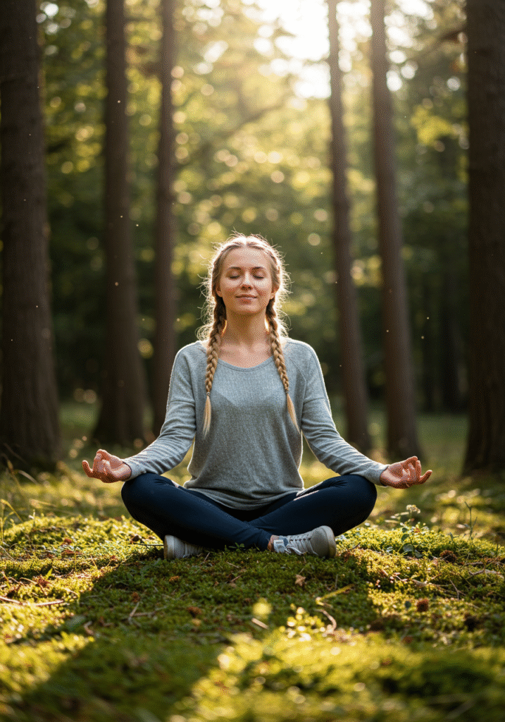 A young woman meditating outdoors to manage dating burnout and practice mindfulness