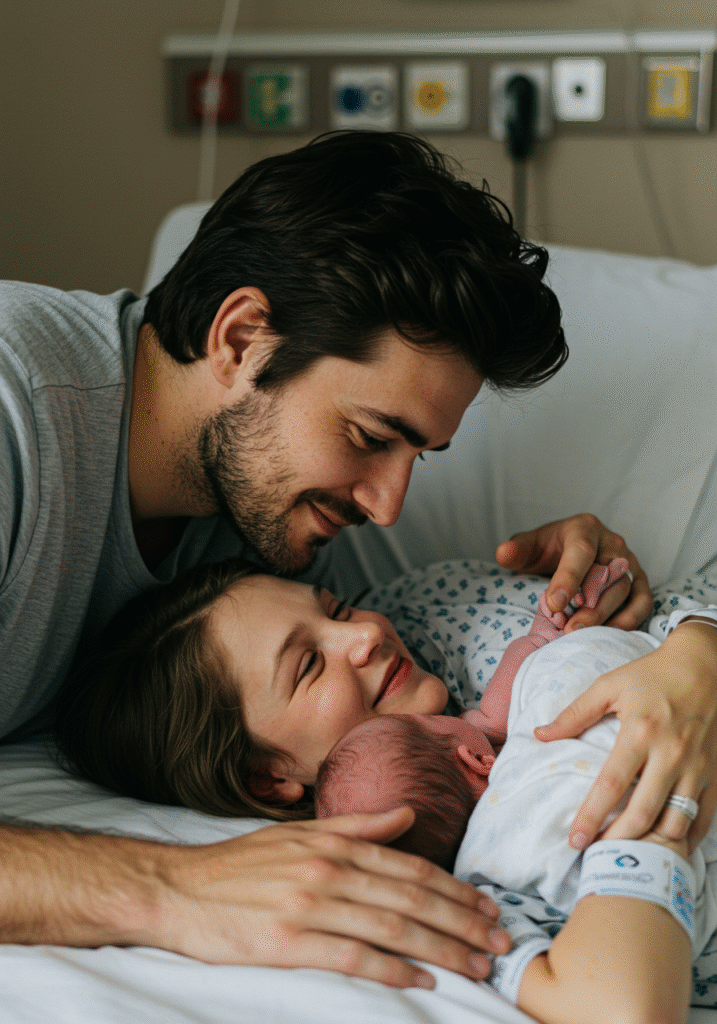 New mother and her partner sharing a gentle, intimate moment in the bedroom post childbirth.