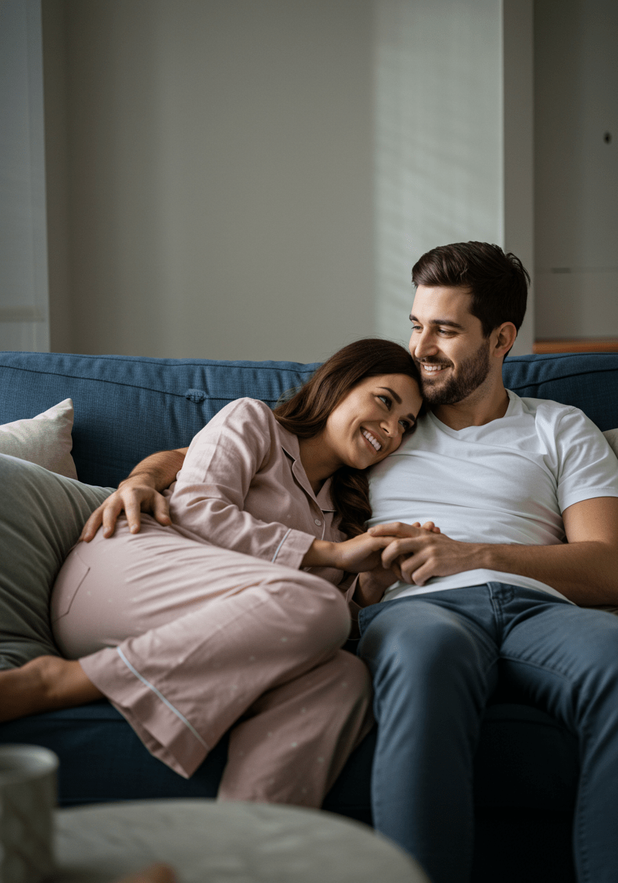 Couple having a heartfelt conversation about postpartum intimacy and recovery at home.