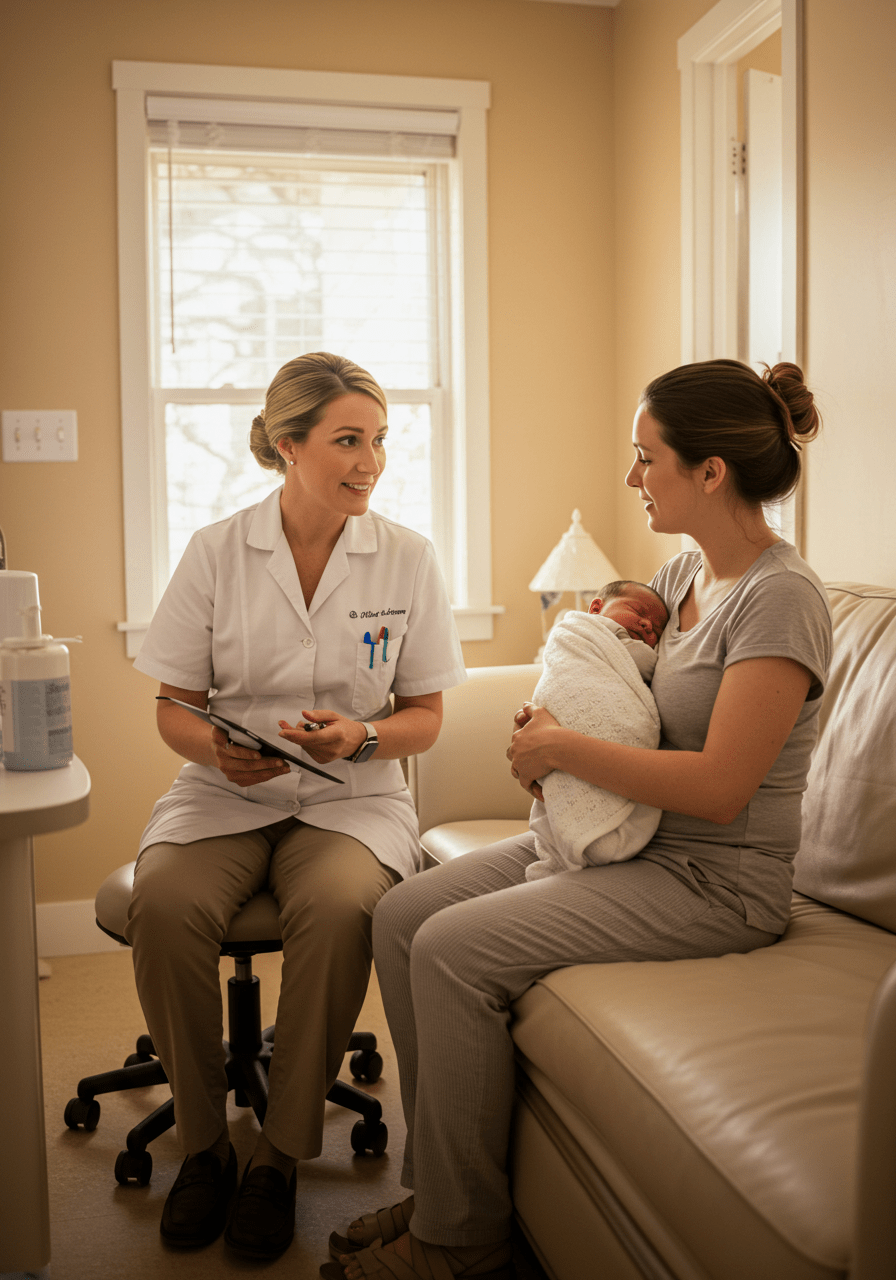 Healthcare professional discussing postpartum health and sexual wellbeing with a new mother in a clinical setting.