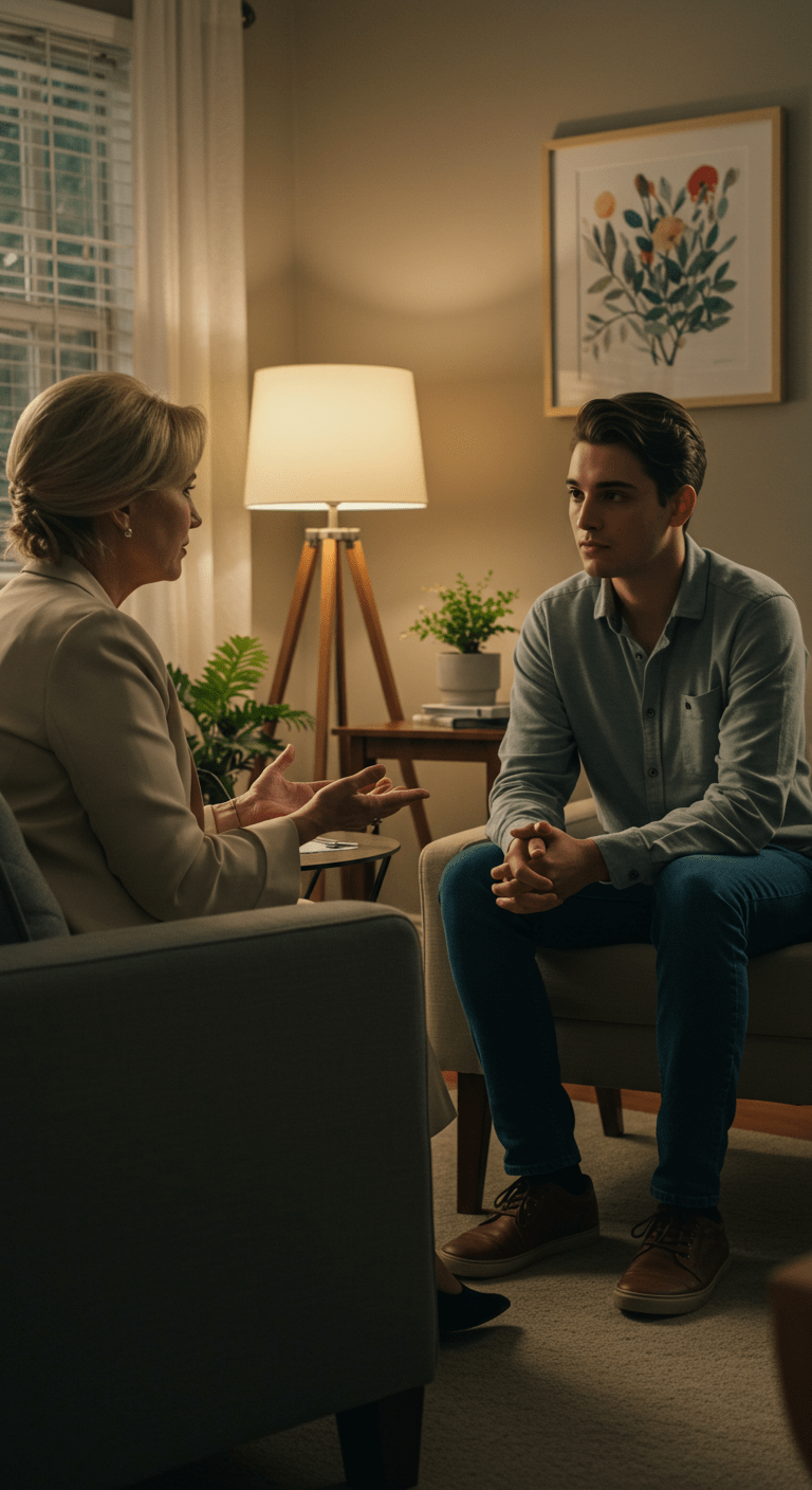 A therapist talking with a patient about relationship issues in a cozy office setting