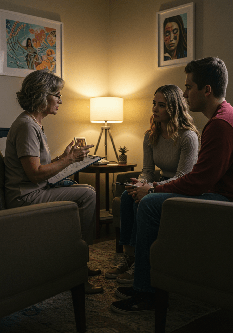 Couple having a counseling session with a therapist to improve their relationship and desire