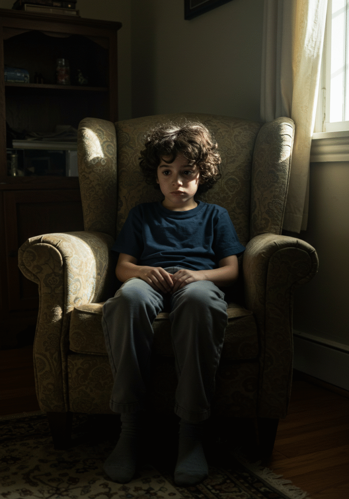 A young child sitting alone with a thoughtful expression, representing childhood shame and emotional reflection.