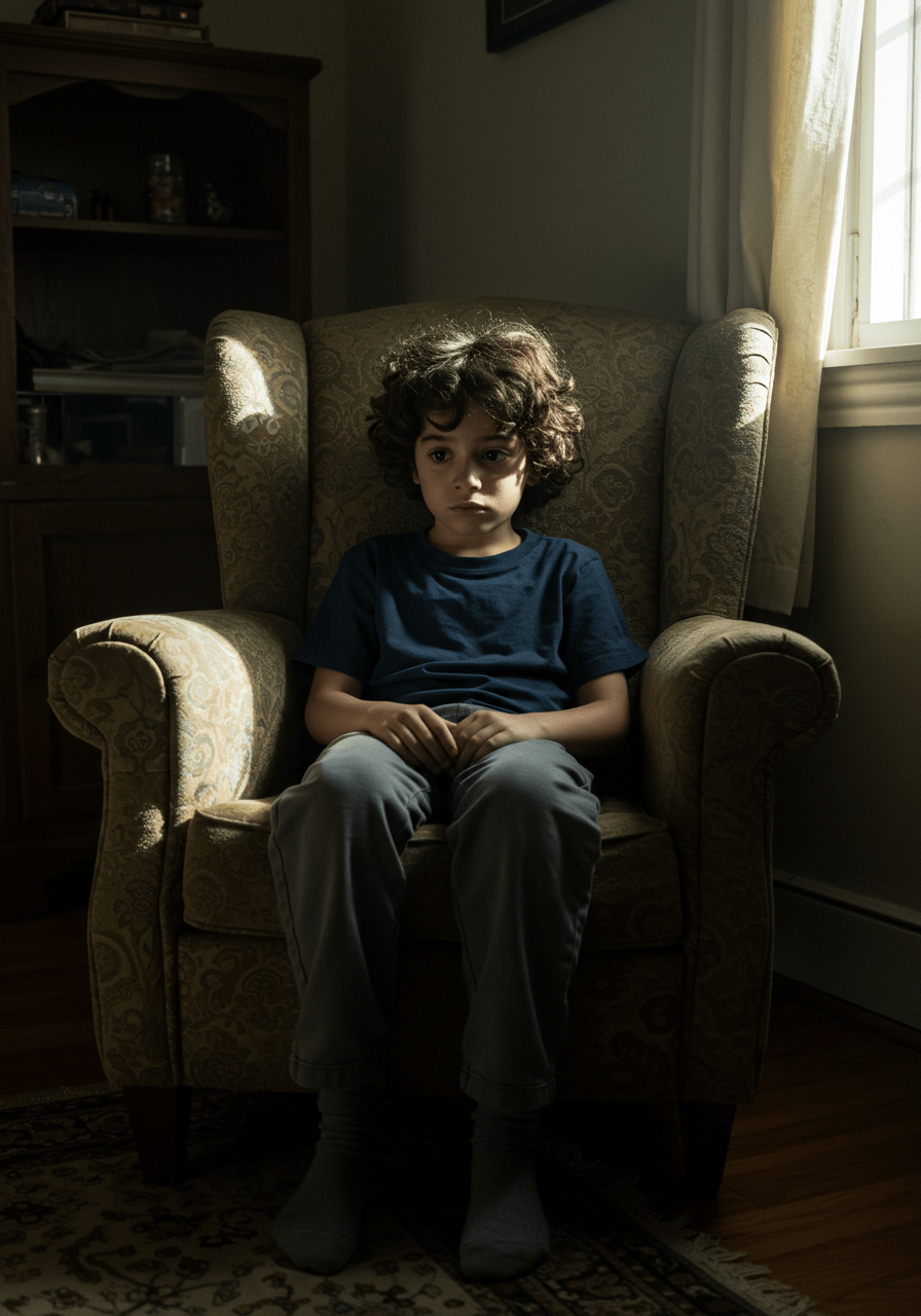 A young child sitting alone with a thoughtful expression, representing childhood shame and emotional reflection.