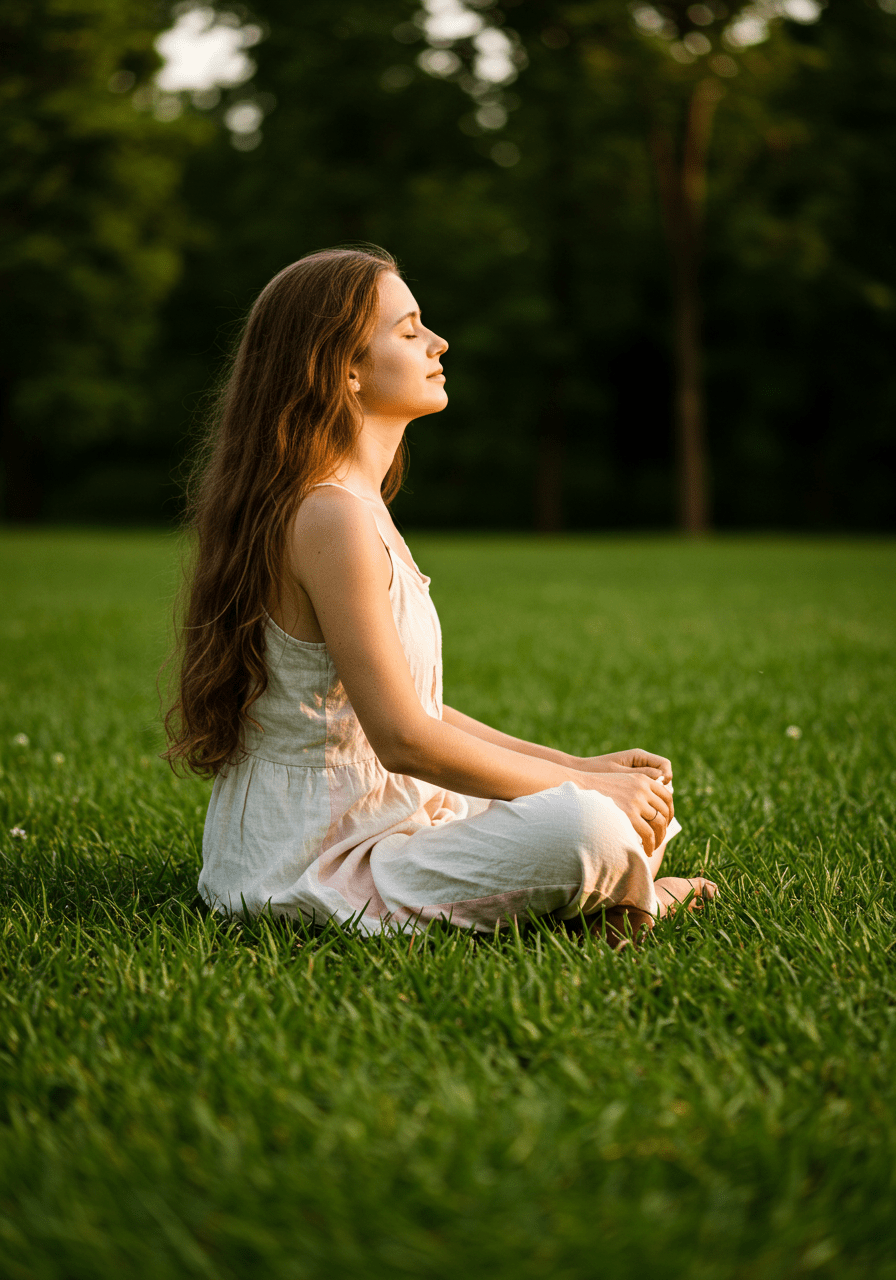 A person meditating peacefully outdoors, representing healing and overcoming childhood shame through mindfulness.