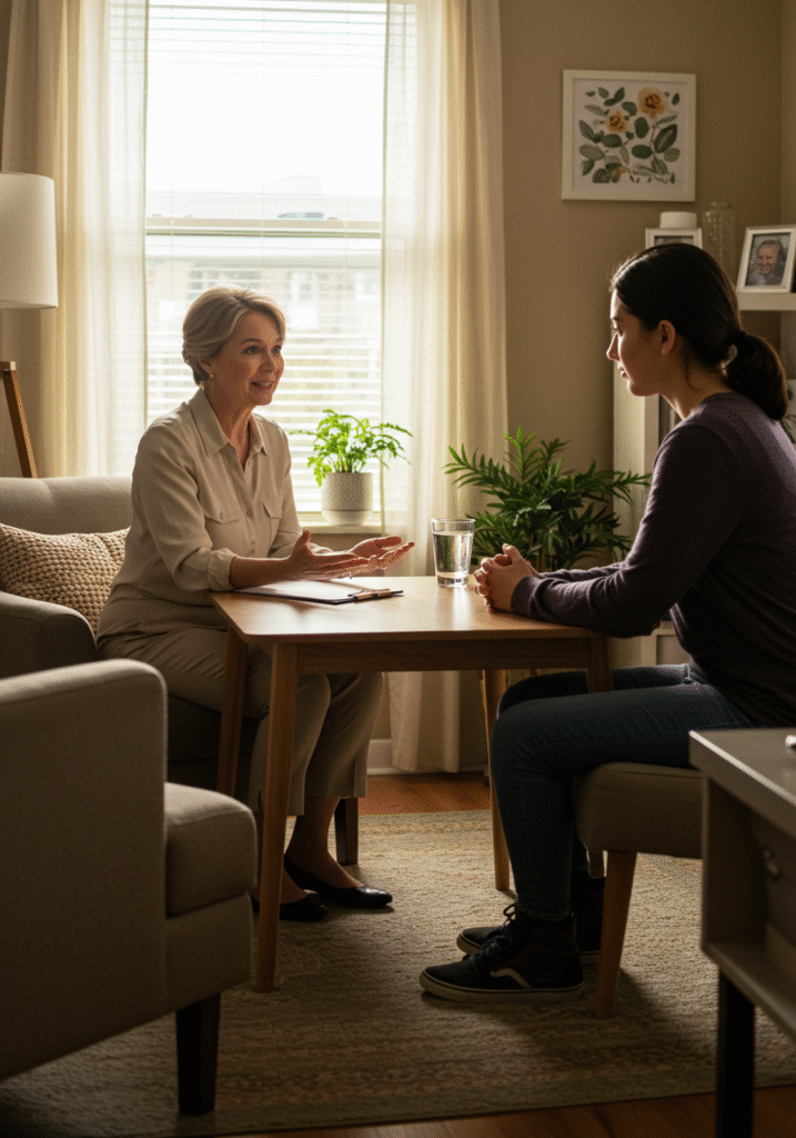A therapist and client engaging in a counseling session, illustrating therapy to heal childhood shame.