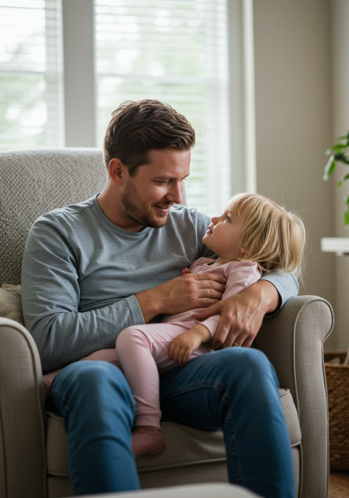 Parent engaging in gentle communication with a young child in a warm, home environment, illustrating the principles of gentle parenting