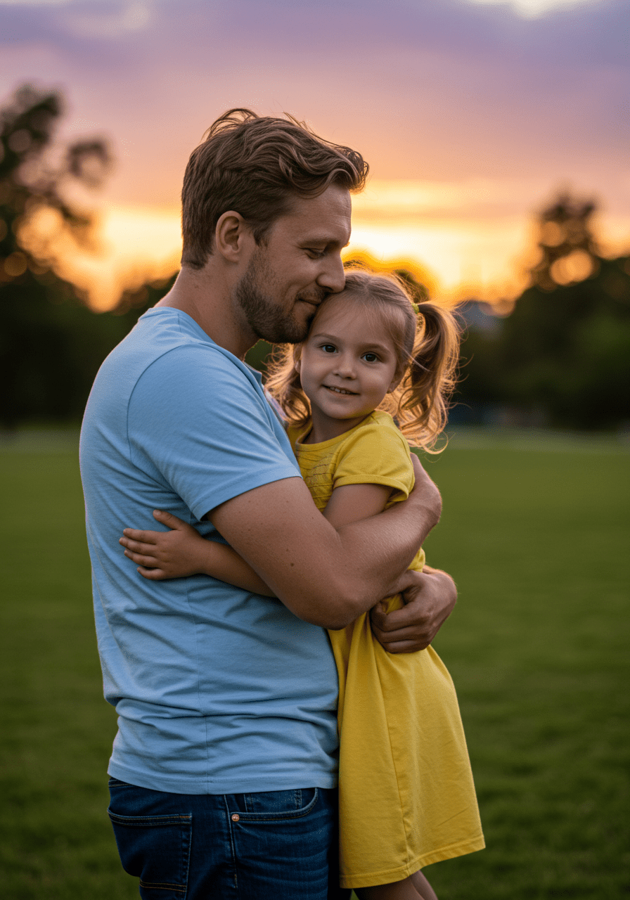 Father and child hugging in a park at sunset, depicting emotional connection in gentle parenting
