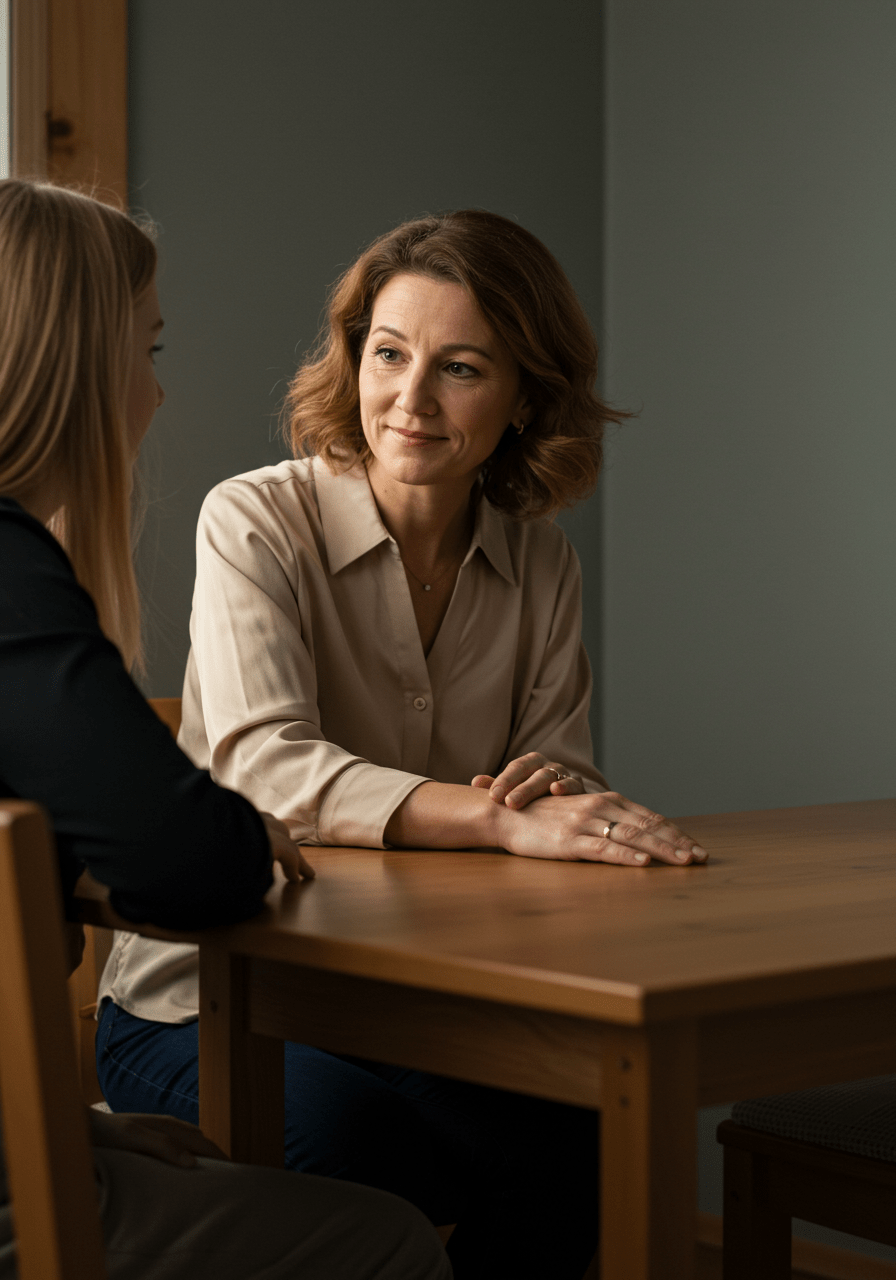 Parent calmly listening to a teenager in a cozy room, highlighting respectful communication in gentle parenting